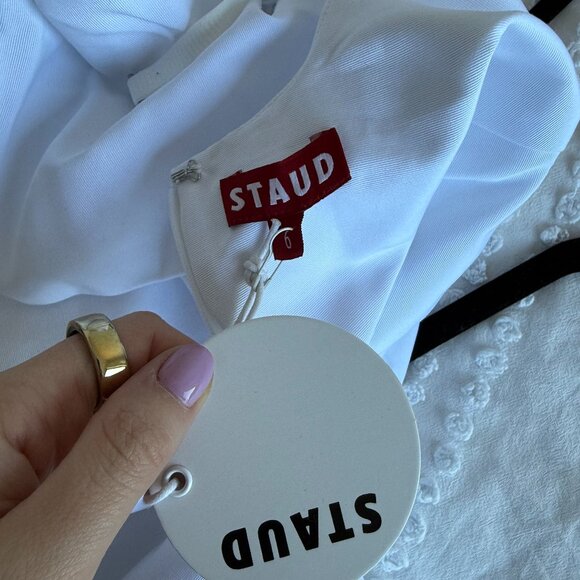 NWT Staud Joli Mini Dress White Wide Square Neck Open Back Pleated Skirt Sz 6 - Picture 3 of 7
